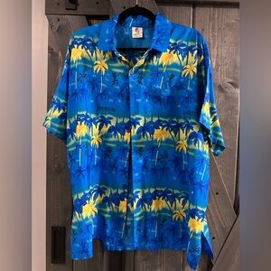 Rima Vintage Mens Hawaiian Aloha Caribbean Blue Tribal Button Up Shirt XL